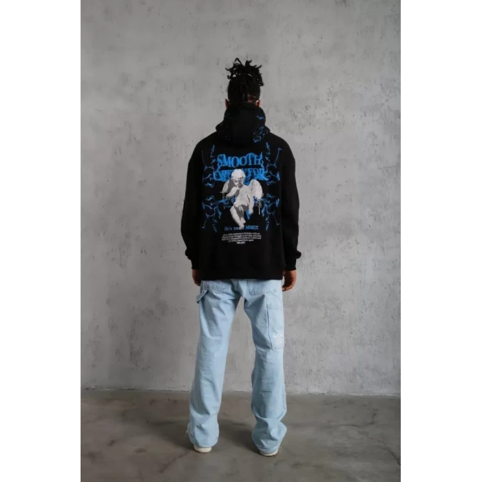 Erkek Yıldırım Baskılı Kapşonlu Sweat - Siyah