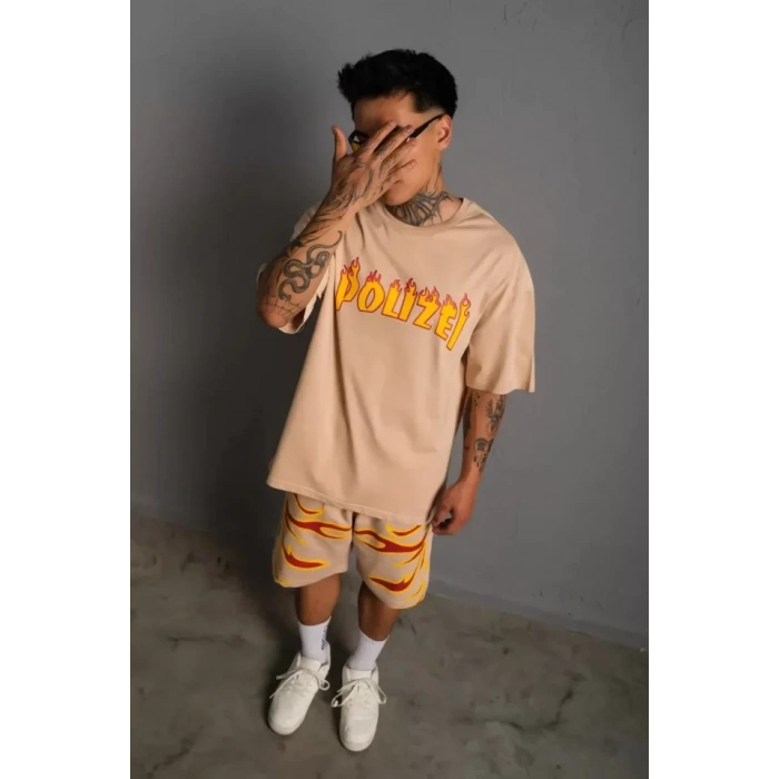 Erkek Alev Baskılı İkili Şortlu Takım - Bej