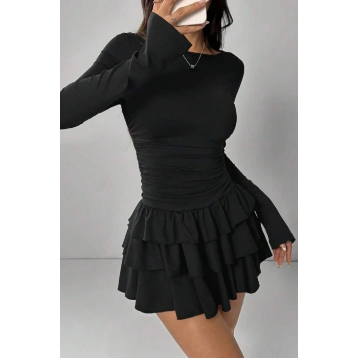 Eteği Kat Kat Volanlı Mini Elbise