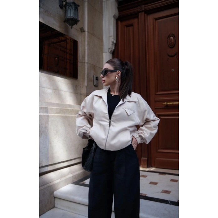 Fermuarlı Gömlek Yaka Bomber Ceket - Beyaz