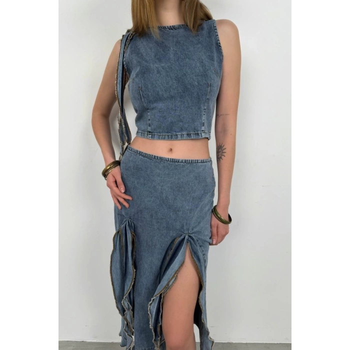 Fırfır Detay Denim Bluz