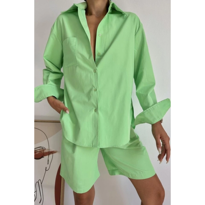 Fıstık Yeşili Önü Cepli Gömlek Ve Şort Takım