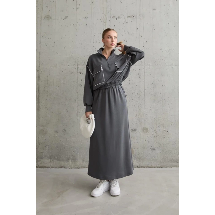 Füme Biyeli Sweatshirt Ve Etek Takım