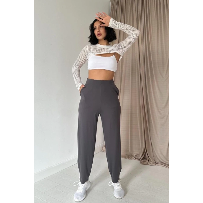 Füme Pensli Lastik Detaylı Pantolon