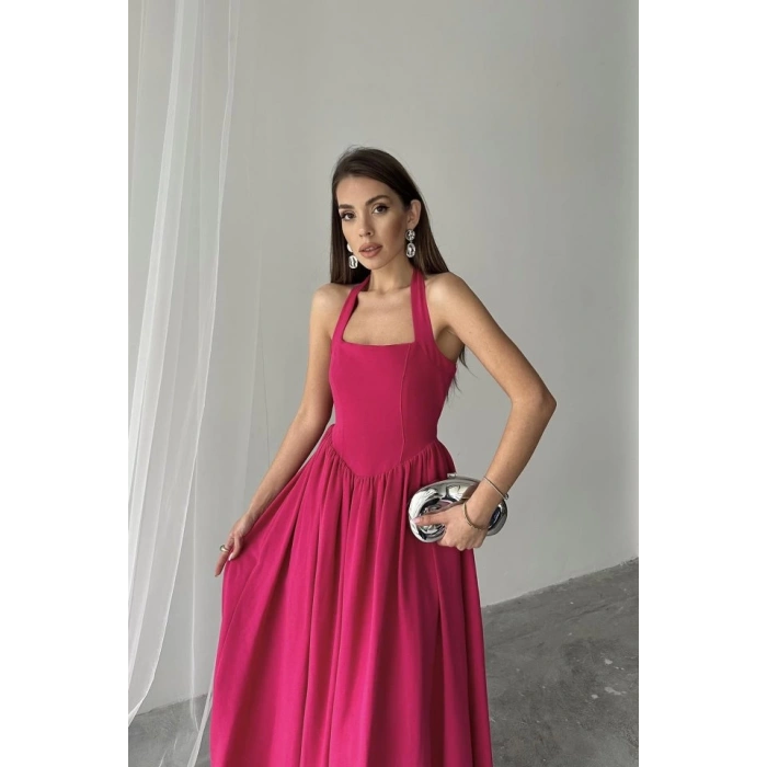 Fuşya Boyundan Bağlamalı Keten Elbise