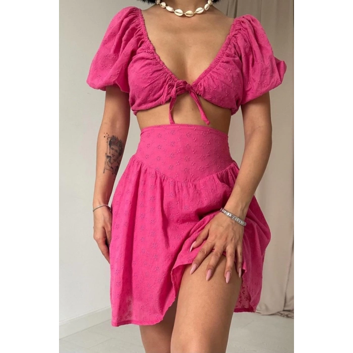 Fuşya Brode Crop Ve Mini Etek Takım