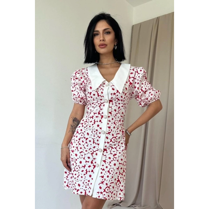 Fuşya Önlük Yakalı Poplin Elbise