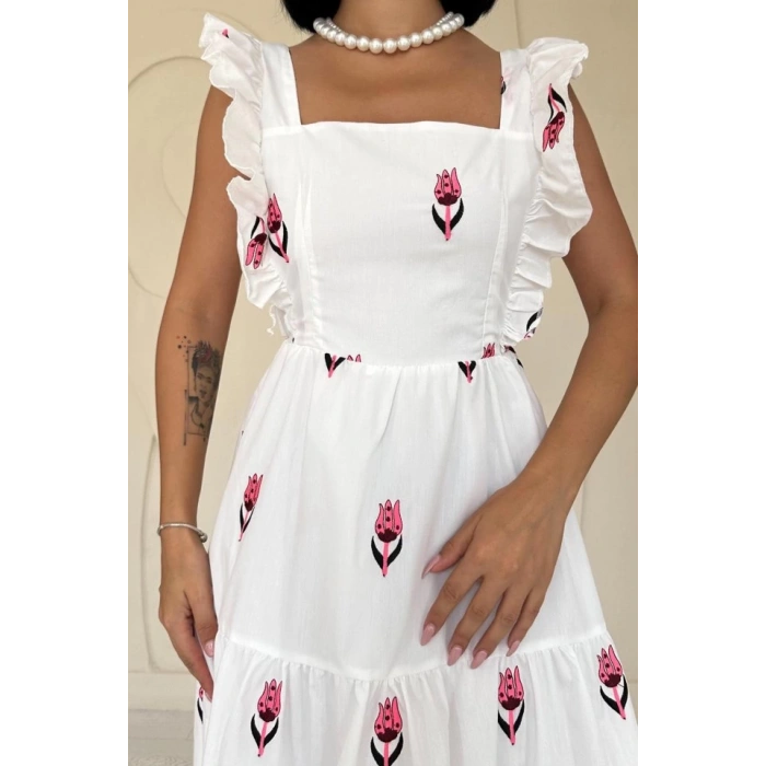 Fuşya Sıfır Kol Fırfırlı Elbise