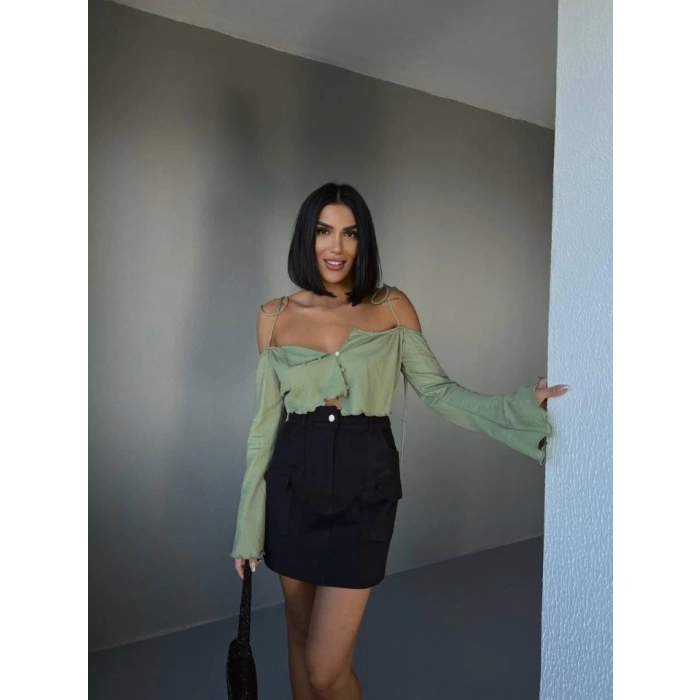 GABARDİN KISA ETEK CEP DETAYLI - Siyah