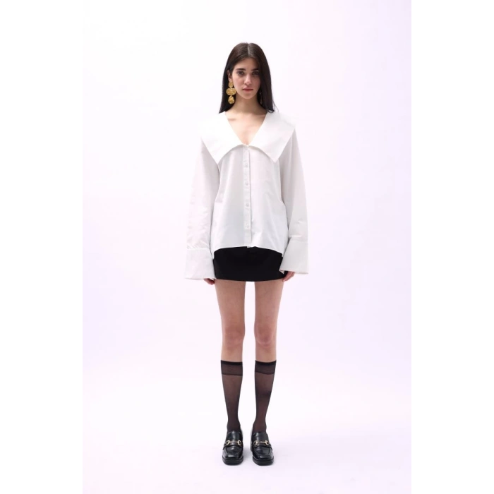 Geniş Yaka Volan Kol Gömlek