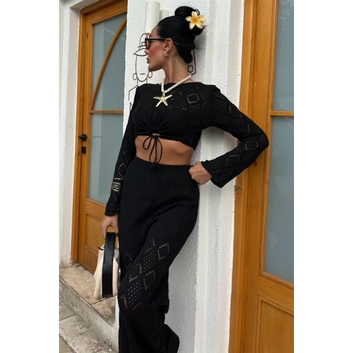 Göğüs Bağcık Detaylı Ajurlu Bluz Pantolon Takım 10098