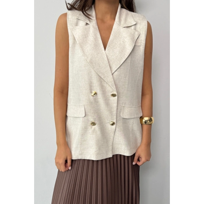GOLD DÜĞMELİ KETEN YELEK - Ham