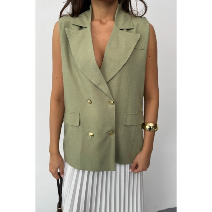 GOLD DÜĞMELİ KETEN YELEK - Yeşil
