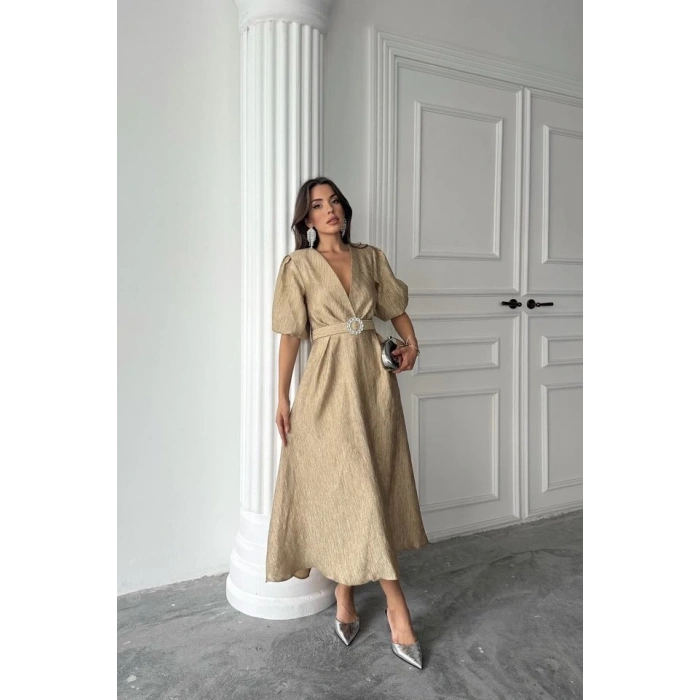 Gold Işıltılı Kemerli Kruvaze Elbise