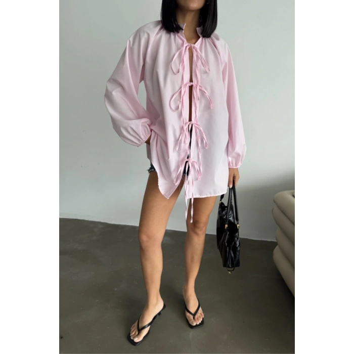 GÖMLEK POPLİN HAKİM YAKA ÖNDEN BAĞLAMA İP DETAYLI - Pembe