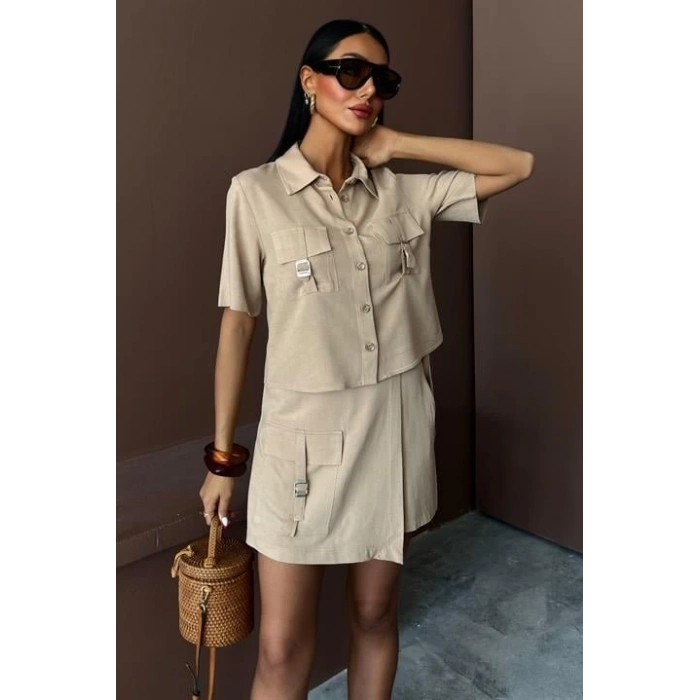 Gömlek Şort Etek Viscon Keten Takım 10162