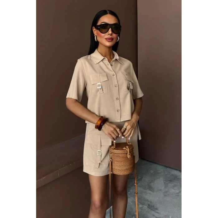 Gömlek Şort Etek Viscon Keten Takım 10162