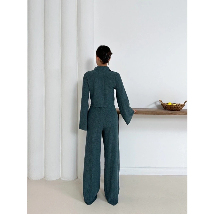 Gömlek yaka kaplama düğmeli takım petrol yeşili st265866