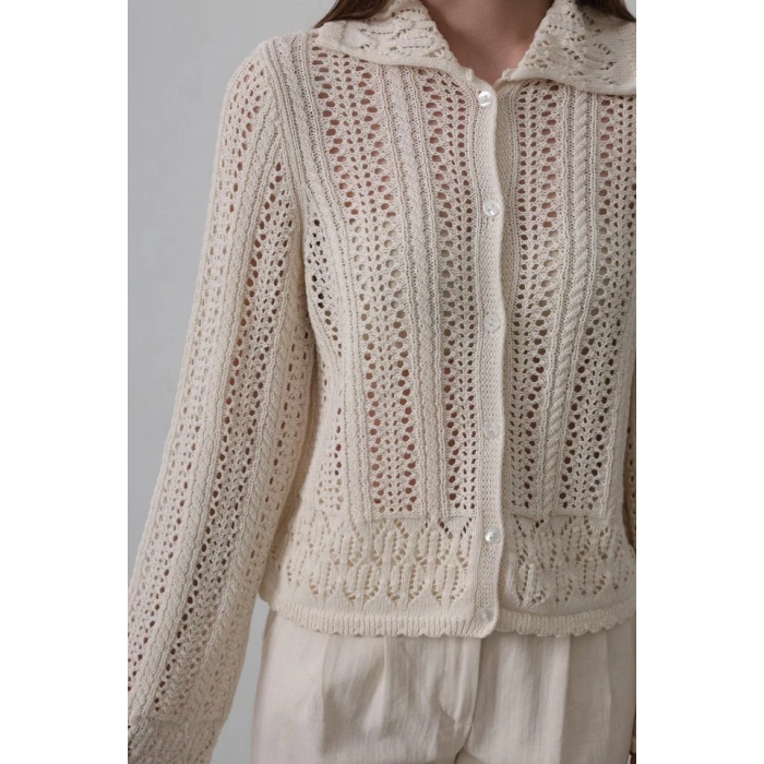 Gömlek Yaka Uzun Kol Triko - Ekru