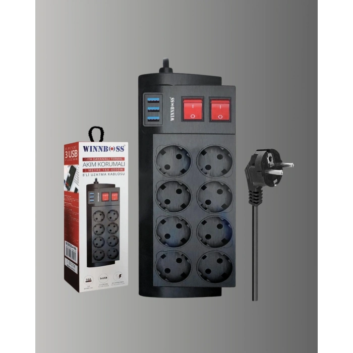 Güçlü Termal Korumalı 8 Priz + 3 USB Çoklu Uzatma Kablosu 2m