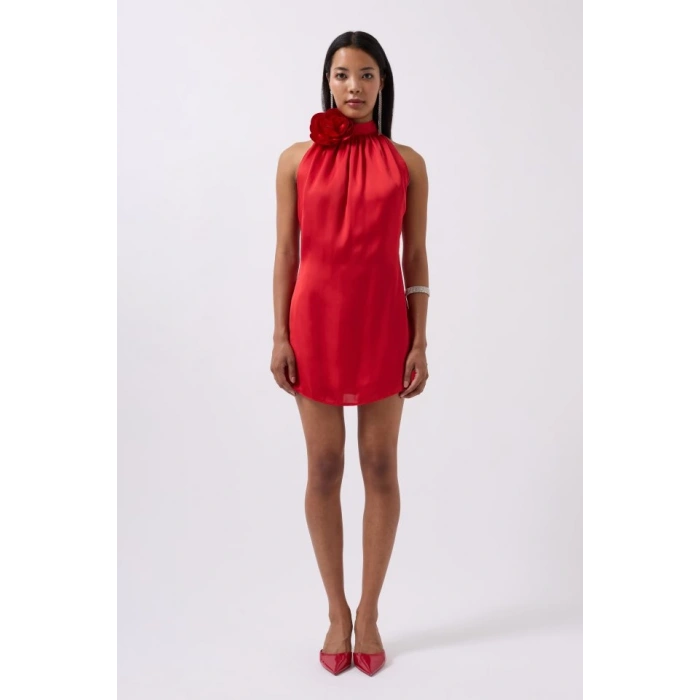 Gül Detay Mini Saten Elbise