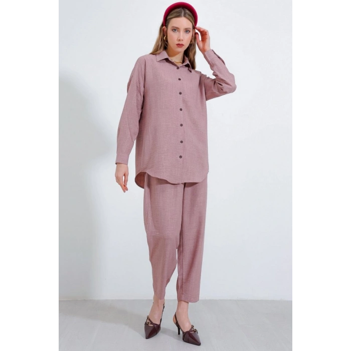 Gül Kurusu Oversize Keten Alt Üst Takım 6622