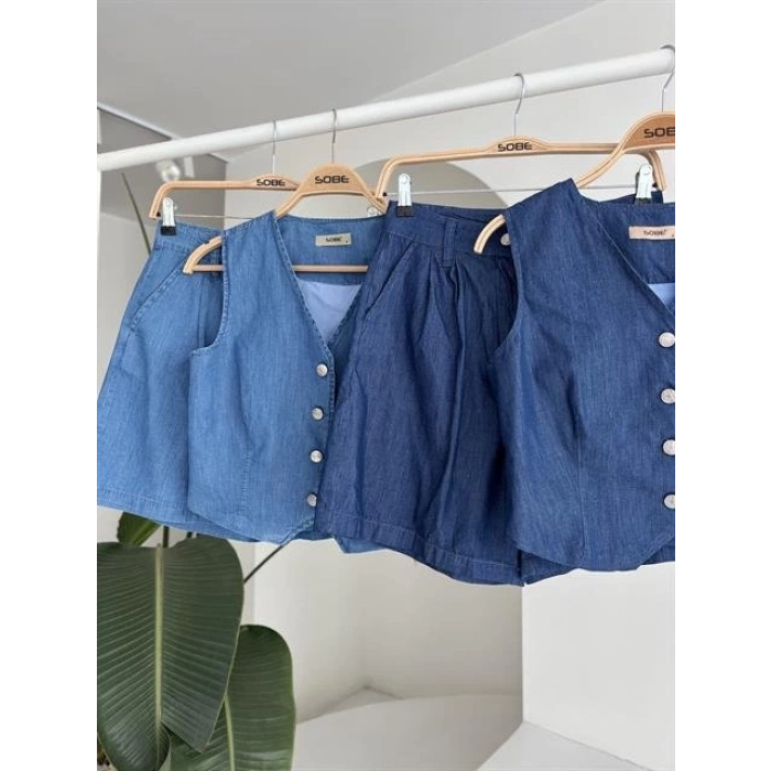 Gümüş Düğmeli Yelek Ve Şort Tensel Takım 10174