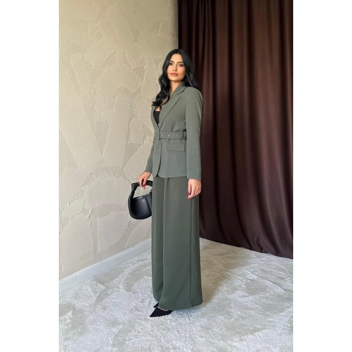 Haki Cep Kapaklı Ve Kemerli Ceket