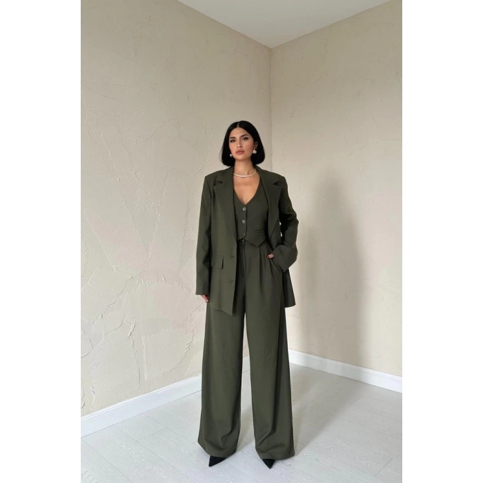 Haki Klas Ceket Ve Yelek Ve Pantolon Takım