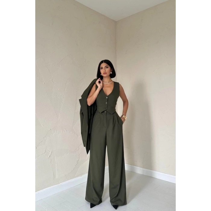 Haki Klas Ceket Ve Yelek Ve Pantolon Takım