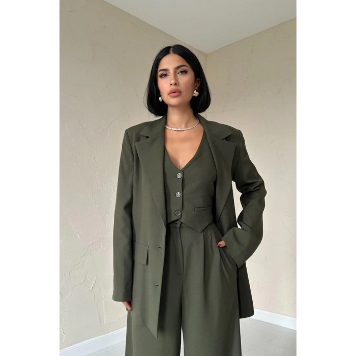 Haki Klas Ceket Ve Yelek Ve Pantolon Takım
