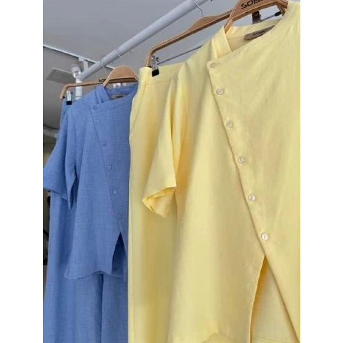 Hakim Yaka Çapraz Düğmeli Plazzo Pantolon Viscon Keten Takım 10209