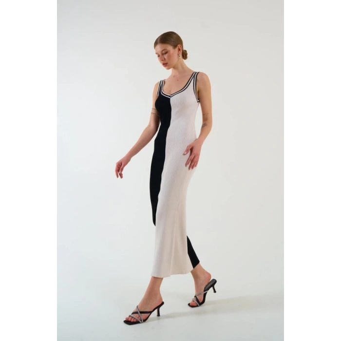 İki Renki Kolsuz Elbise - Siyah-Krem