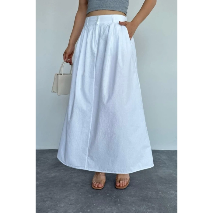 İnce Pileli Düz Etek - Beyaz