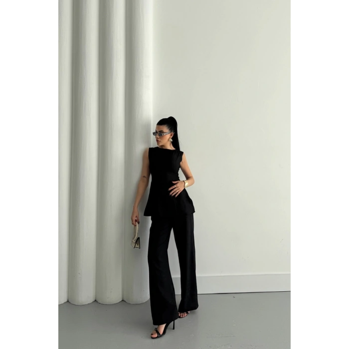 JAKAR KETEN KOLSUZ BLUZ-PANTOLON TK - Siyah