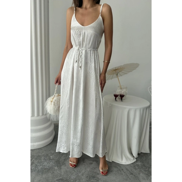 JAKAR SATEN DEGAJE ASKILI ELBİSE İP KEMERLİ - Beyaz