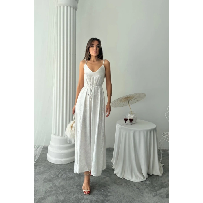 JAKAR SATEN DEGAJE ASKILI ELBİSE İP KEMERLİ - Beyaz