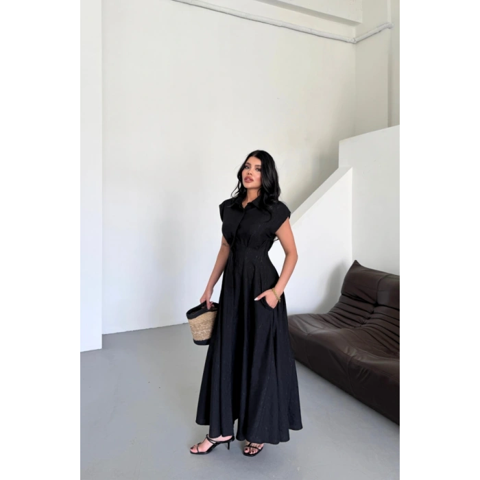 JAKARLI KETEN ELBİSE ÖNDEN YIRTMAÇLI CEPLİ - Siyah