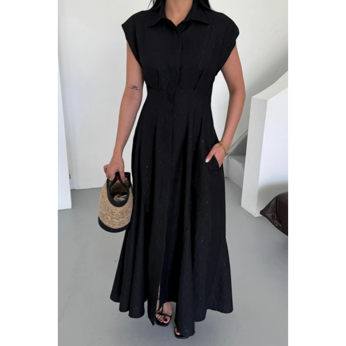 JAKARLI KETEN ELBİSE ÖNDEN YIRTMAÇLI CEPLİ - Siyah