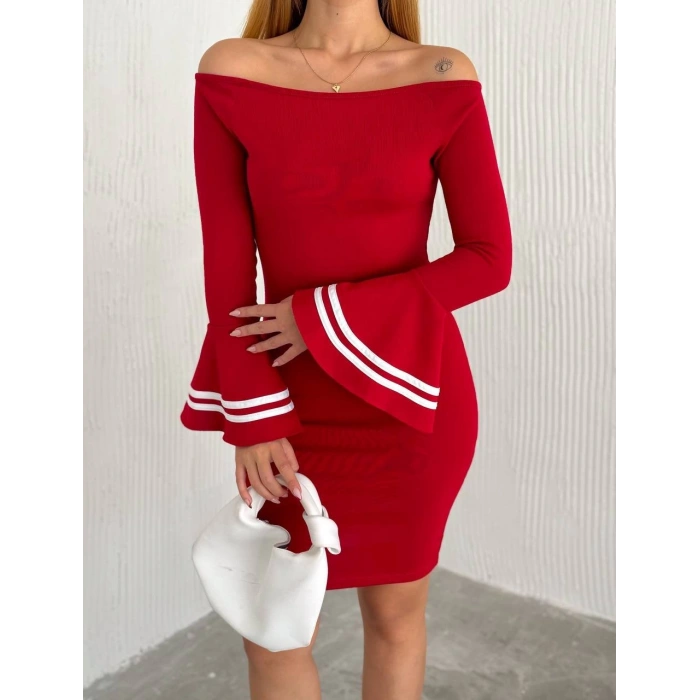 Kadın Akrilik Kumaş Ispanyol Kol Madonna Yaka Mini Elbise