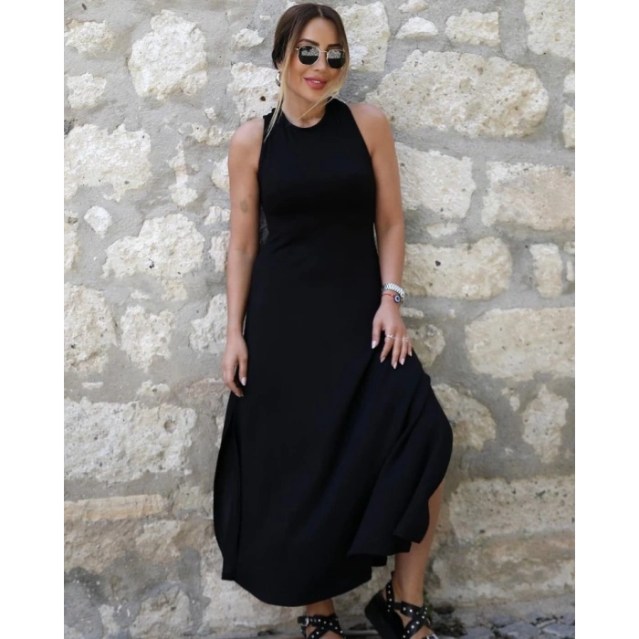 Kadın Arkadan çapraz Detay Yuvarlak Yaka Maksi Viskon Elbise