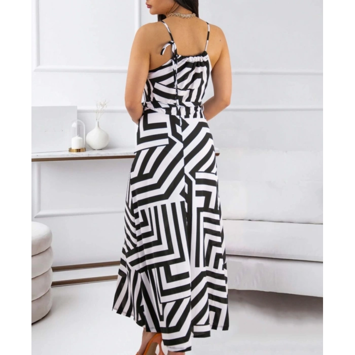 Kadın Askılı Belden Bağlamalı Geometrik Desen Krep Elbise