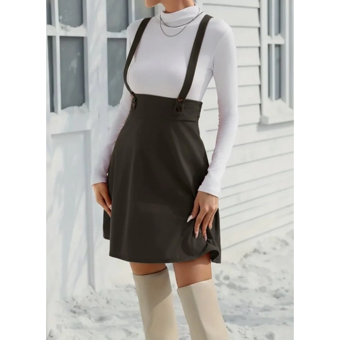 Kadın Askılı Düğmeli Mini Süet Elbise