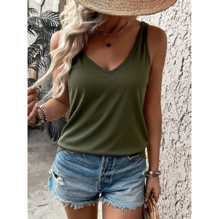 Kadın Askılı Geniş V Yakalı Viskon Bluz