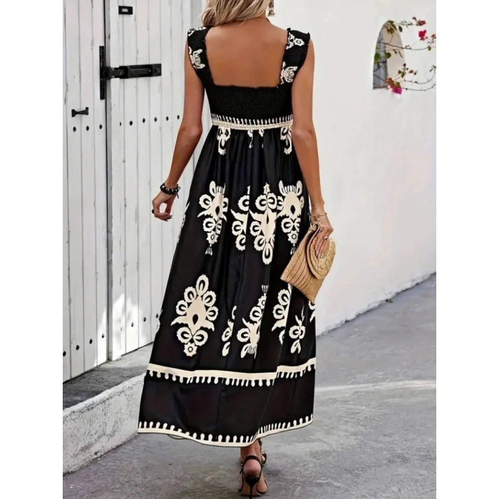 Kadın Askılı Kare Yaka Gipe Detaylı Desenli Suprem Elbise