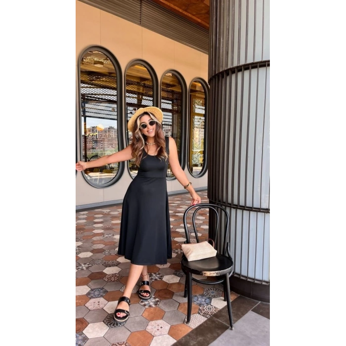 Kadın Askılı Kare Yakalı Midi Ithal Krep Elbise