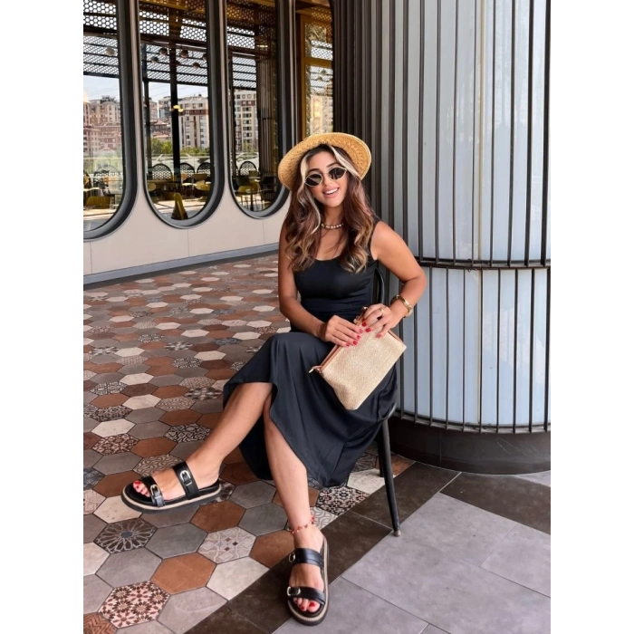 Kadın Askılı Kare Yakalı Midi Ithal Krep Elbise