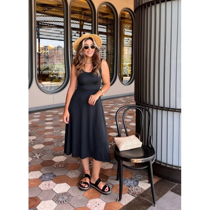 Kadın Askılı Kare Yakalı Midi Ithal Krep Elbise