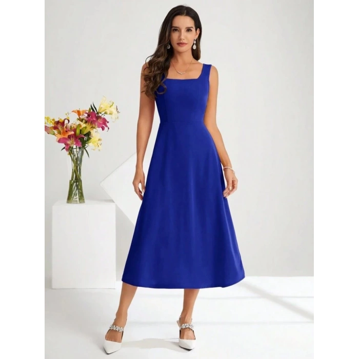 Kadın Askılı Kare Yakalı Midi Ithal Krep Elbise