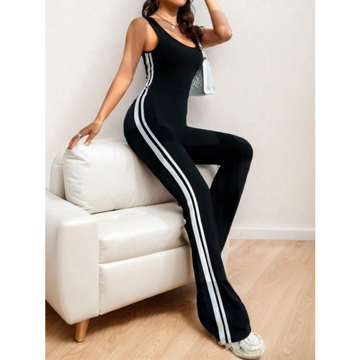 Kadın Askılı Kare Yakalı Yandan şeritli Uzun Dalgıç Tulum